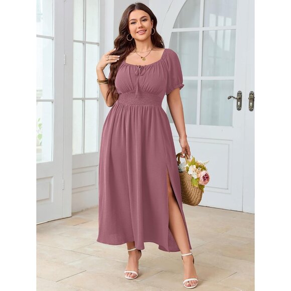 Plus Size Maxi Dress Smocked Square Neck Short Sleeve Flowy Long - Picture 2 of 6